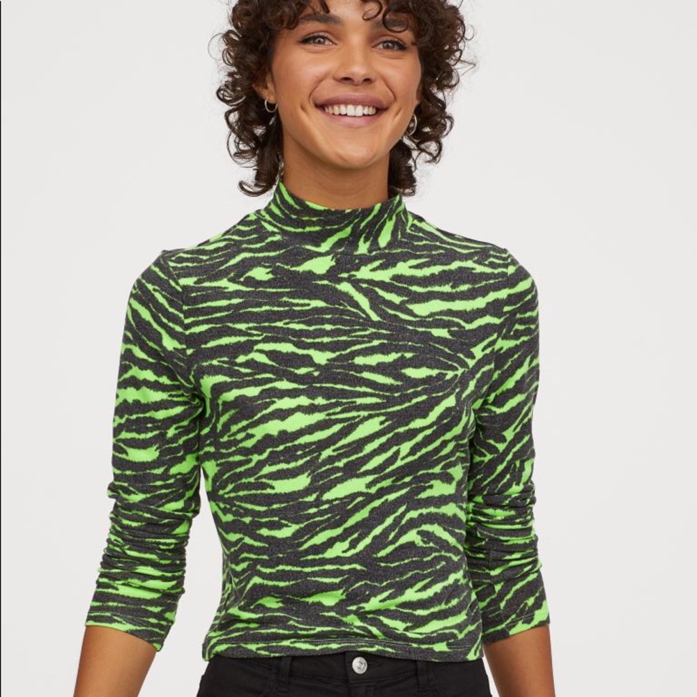 Neon Green Tiger Print Turtle Neck Top